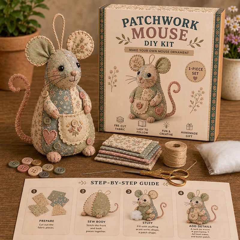 ❄️Sommerfrische 50 % Rabatt!🐭DIY-Patchwork-Maus-Nähset – Komplettes anfängerfreundliches Bastelset mit Stoffen, Füllmaterial & Anleitung