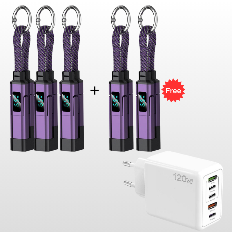 🔌 4-in-1-Ladekabel mit Digitalanzeige und Schlüsselanhänger – Schnellladefunktion, knickfest und kompakt