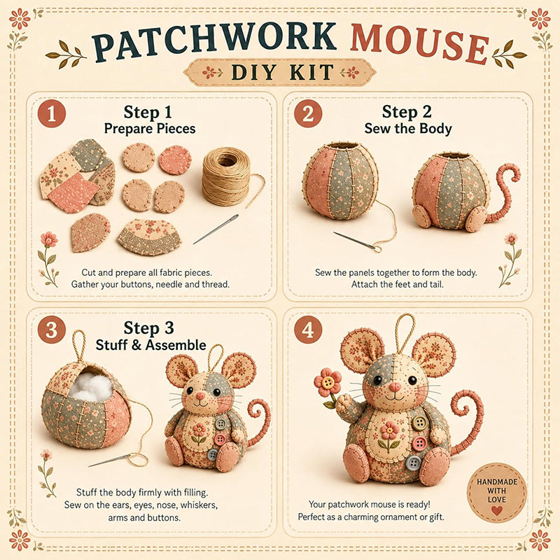 ❄️Sommerfrische 50 % Rabatt!🐭DIY-Patchwork-Maus-Nähset – Komplettes anfängerfreundliches Bastelset mit Stoffen, Füllmaterial & Anleitung
