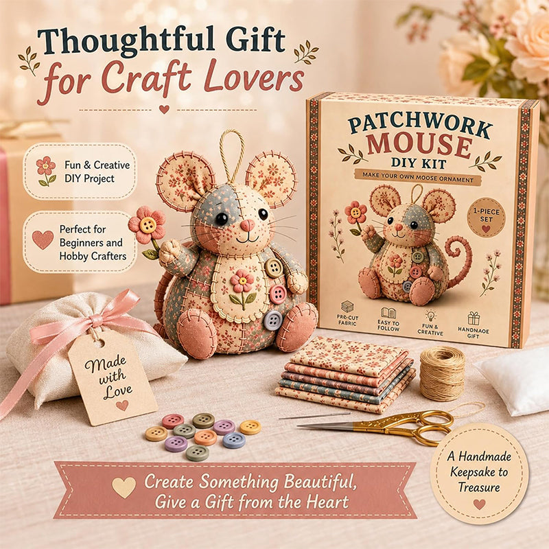 ❄️Sommerfrische 50 % Rabatt!🐭DIY-Patchwork-Maus-Nähset – Komplettes anfängerfreundliches Bastelset mit Stoffen, Füllmaterial & Anleitung
