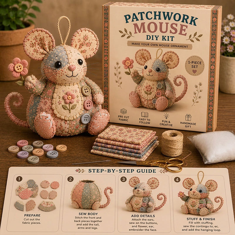 ❄️Sommerfrische 50 % Rabatt!🐭DIY-Patchwork-Maus-Nähset – Komplettes anfängerfreundliches Bastelset mit Stoffen, Füllmaterial & Anleitung