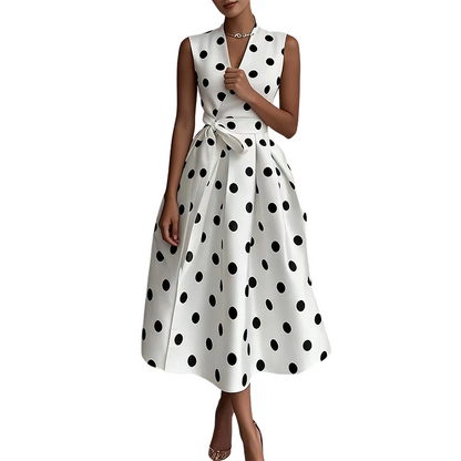 👗 LIMITED-TIME 50% OFF! 💥 Women's Polka Dot Sleeveless V-Neck Dress – Classic Print, Adjustable Tie, Versatile